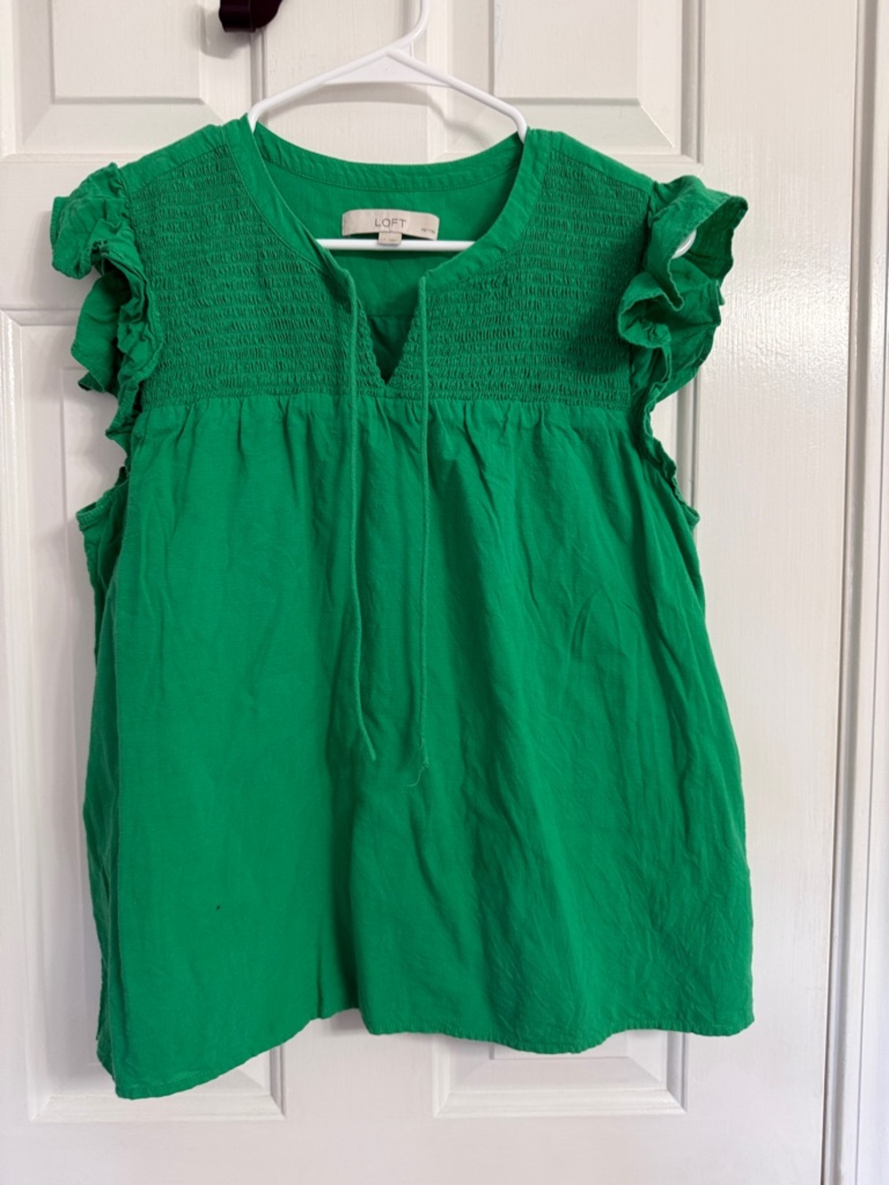 LOFT Emerald Green Smocked Ruffle Sleeve Top